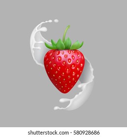 Milk splash and strawberry realistic vector illustration. Natural fruit products