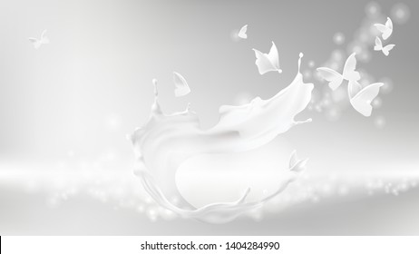 Milk splash swirl shape and white liquid silhouettes of flying butterflies isolated on gray wavy blurred background. Design element for advertising and packaging of natural dairy products or cosmetics