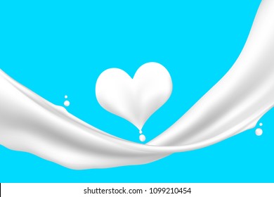 Milk splash swirling with heart shape at the middle on blue background vector. Love health concept