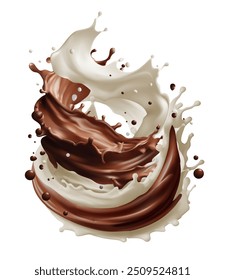 La leche salpica y fluye. Fondo de Vector realista con cacao y ondas lechosas con gotas. Ilustración vectorial aislada sobre fondo blanco.
