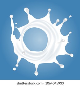 Milk splash from top view. Swirlpool effect milk splash with drops for your design. Illustrated vector.