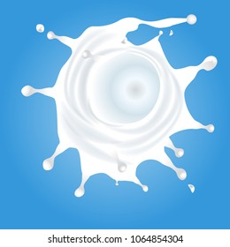 Milk splash from top view. Swirlpool effect milk splash with drops for your design. Illustrated vector.