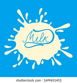 Milk splash. Vector design element for advertising dairy products. English inscription Milk.
