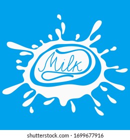 Milk splash. Vector design element for advertising dairy products. English inscription Milk.
