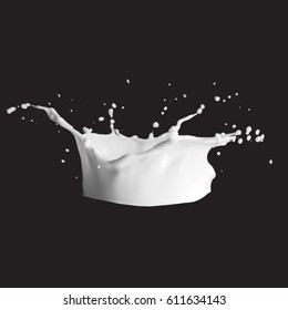 Milk splash vector illustration isolated on black. 3d illustration. Realistic milk crown with drop. vector illustration, created by mesh tool
