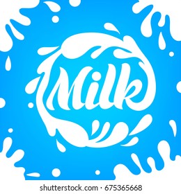 Milk splash. Vector logo, badge or logotype for milk store or products on blue background 