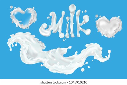 Milk splash vector realistic 3D illustration, heart love. Clipart for design food packaging. Natural, dairy product, farm, useful. Kefir, yoghurt, dessert.