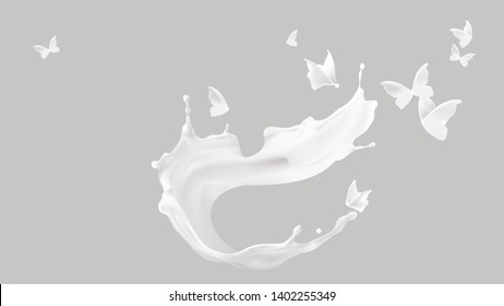 Milk splash, vortex or spiral shape and white liquid silhouettes of flying butterflies isolated on gray background.