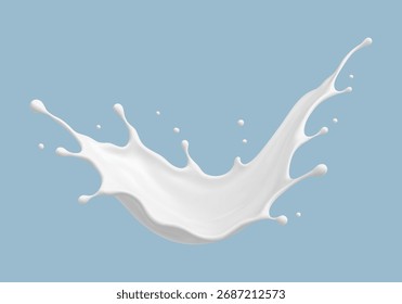 Onda de salpicadura de leche sobre fondo azul. Movimiento líquido lácteo realista. Ilustración vectorial