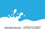 Milk Splash Wave Vector Background Template. Yogurt Stain Shape with Drips Graphic Border Frame. Pouring Cream Flow Flat Illustrations with Drops and Splashes on Blue Background