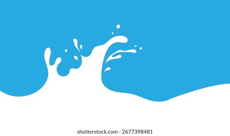 Modelo De Plano De Fundo De Vetor De Onda De Abertura De Leite. Forma de mancha de iogurte com moldura gráfica de borda gotas. Ilustrações planas de fluxo de creme com gotas e respingos no fundo azul