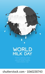 Milk splash world globe shape layer with cow pattern, World Milk Day concept flat design illustration isolated on blue gradient background with copy space, vector eps 10
