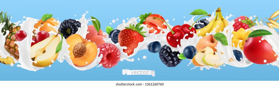 Milk splash. Yogurt with fruits and berries. Strawberry, raspberry, banana, peach, apricot, blackberry, blueberry, pineapple, mango, oat. 3d vector realistic set