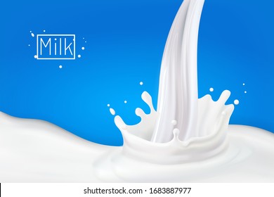 Leche batida.Resumen de la caída de leche realista con salpicaduras aisladas en fondo azul.elemento para publicidad, diseño de paquetes. ilustración vectorial