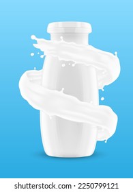 Milk splashe around the bottle of yogurt, milk. EPS10 vector