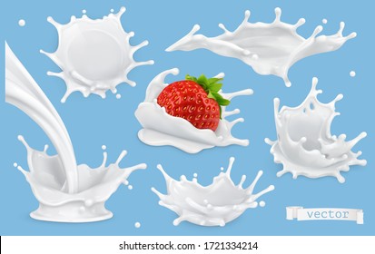 Milk splashes. 3d realistic vector icon set. Food illustration