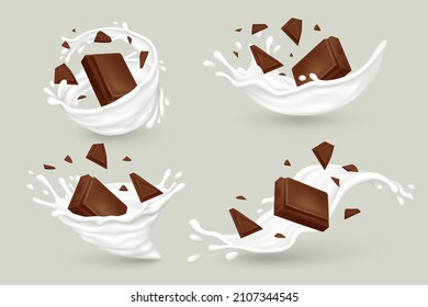 Milk splashes with chocolate pieces and chunks on gray background. Realistic vector illustration.