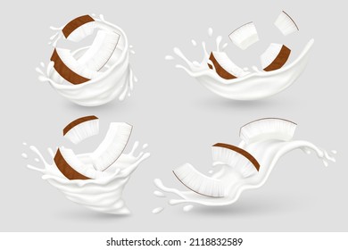 Milk splashes with coconut pieces isolated on gray background. Realistic vector illustration.