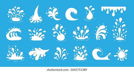 Milk splashes and drops. Splash silhouette with droplets. Set of splashes and drops for milk, yogurt, cream.
