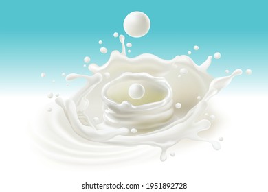 Milk, splashes and drops of milk or yogurt drinks isolated on blue background. Collection set for use illustration vector and simple design.