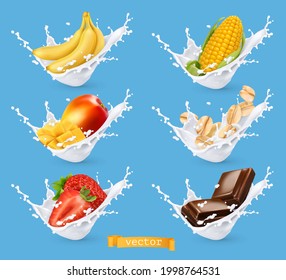 Milk splashes with fruit, cereal. Banana, mango, strawberry, corn, oats, chocolate with milk. 3d vector realistic set