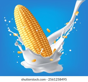 Milk splashes with fruit corn with milk. 3d vector realistic,corn milk,  Mesh gradient wes used