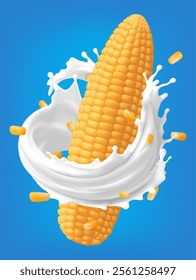 Milk splashes with fruit corn with milk. 3d vector realistic,corn milk,  Mesh gradient wes used