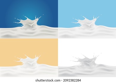 Milk splashes isolated on 4 colors background.