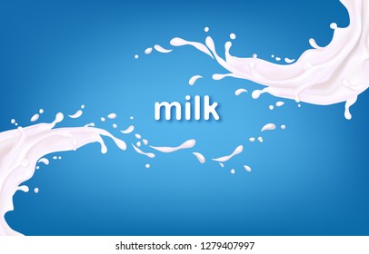 Milk splashes isolated on blue background. Realistic vector illustration for advertising or packaging cosmetics or dairy products.