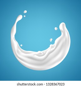 Milk splashes isolated on blue background. Realistic vector illustration
