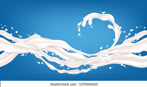 Milk splashes isolated on blue background. Horizontal seamless pattern. The right and left sides of the illustration seamlessly fit together. Realistic vector illustration.