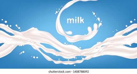 Milk splashes isolated on blue background. Horizontal seamless pattern. The right and left sides of the illustration seamlessly fit together. Realistic vector illustration.