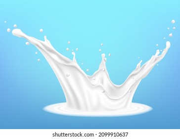 Leche salpicada aislada en un fondo azul. Ilustración de leche vertiéndose con salpicaduras en fondo azul. Vector 3d realista