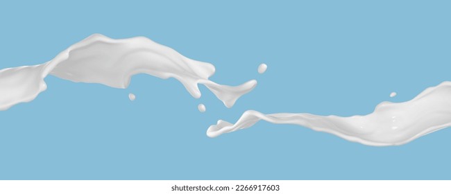 Milk splashes isolated on blue background. Liquid or yogurt splash. Vector 3d illustration
