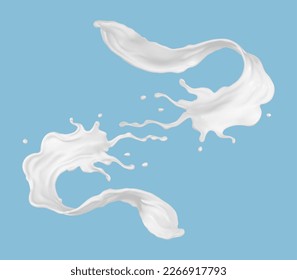 Leche salpicada aislada en un fondo azul. salpicaduras de líquido o yogur. Ilustración del vector 3d
