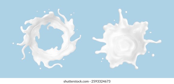 Milk splashes isolated on blue background. Natural dairy product, yogurt or cream splash with flying drops. Realistic vector illustration