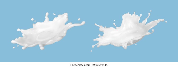 Milk splashes isolated on blue background. Natural dairy product, yogurt or cream splash with flying drops. Realistic vector illustration