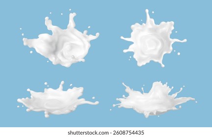 Milk splashes isolated on blue background. Natural dairy product, yogurt or cream splash with flying drops. Realistic vector illustration