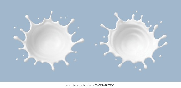 Milchspritzer einzeln auf blauem Hintergrund. Natürliches Milchprodukt mit fliegenden Tropfen. Realistische Vektorgrafik