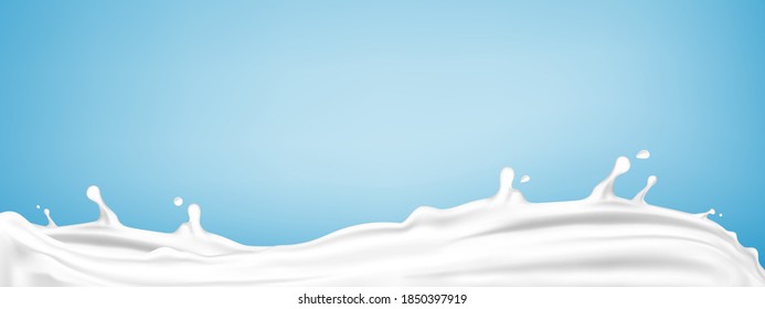 Milk splashes on blue background. Natural dairy product, yogurt or cream splash. Realistic vector illustration