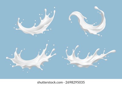 O leite salpira sobre um fundo azul. Movimento líquido de laticínios realista. Ilustração vetorial