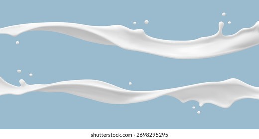 La leche salpica sobre fondo azul. Movimiento líquido lácteo realista. Ilustración vectorial