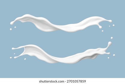 Milk splashes on blue background. Realistic dairy liquid motion. Vector illustration