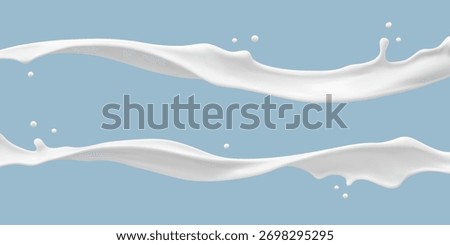Milk splashes on blue background. Realistic dairy liquid motion. Vector illustration