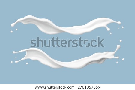 Milk splashes on blue background. Realistic dairy liquid motion. Vector illustration