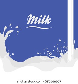 Milk with splashes Pouring cream yogurt on a blue background - vector