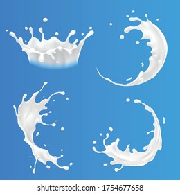 Milk splashes and pouring realistic diary products. Natural yoghurt or cream drops and curves set isolated on blue background. White liquid falling and splattering 3d vector illustration.