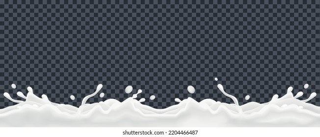 Milk splashes realistic border seamless pattern on transparent background vector illustration