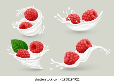 Milk splashes with red raspberry fruits and green leaf isolated on gray background. Realistic vector illustration.