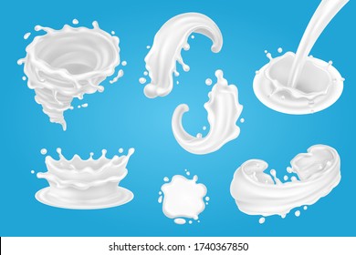 Milk splashes set. Different cream drops isolated on blue background. Liquid yoghurt dripping elements for food package design.